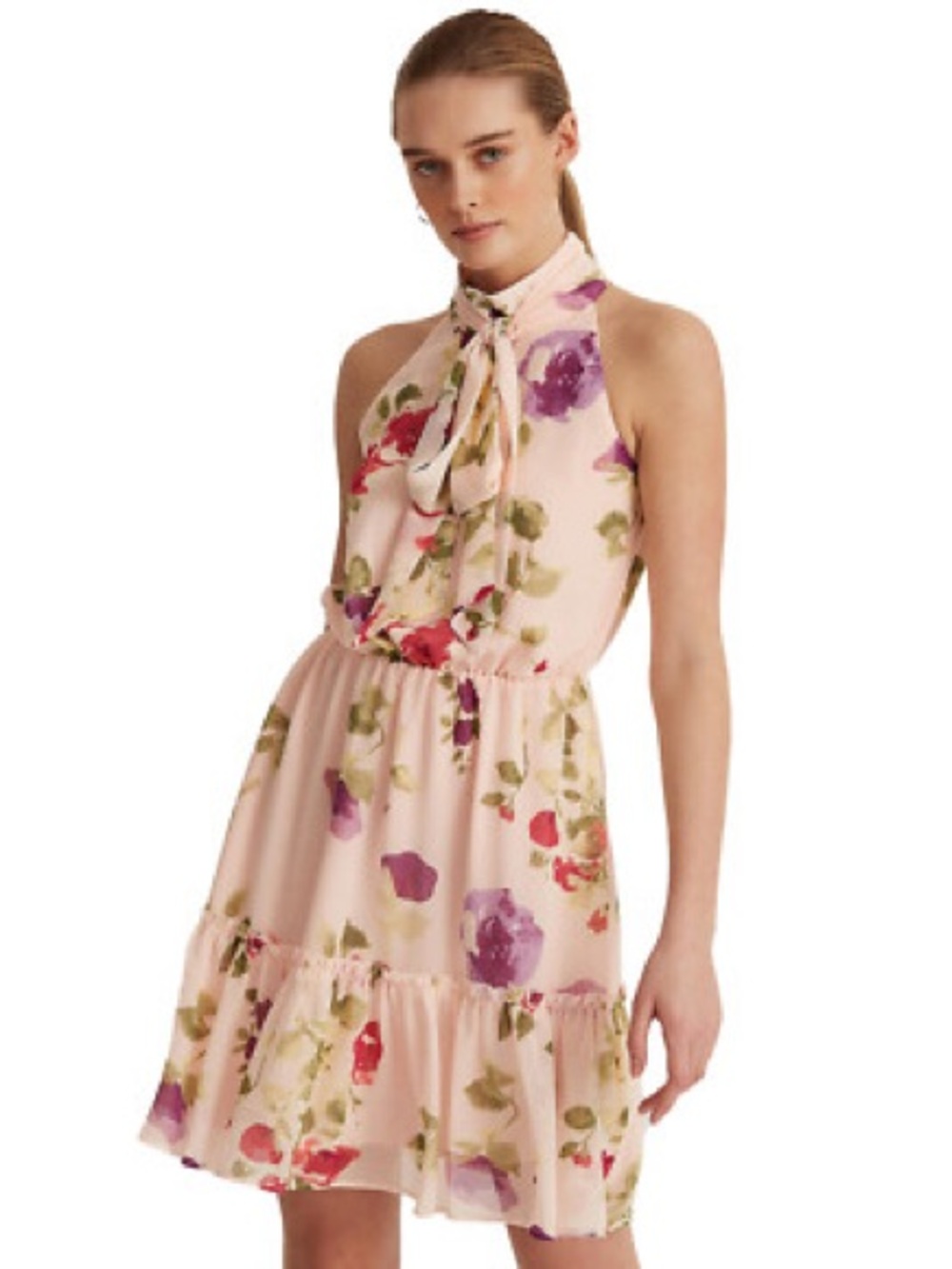 Lauren Ralph Lauren Sz 12 Floral Halter Tie Neck Tiered Ruffle Dress NWT $165